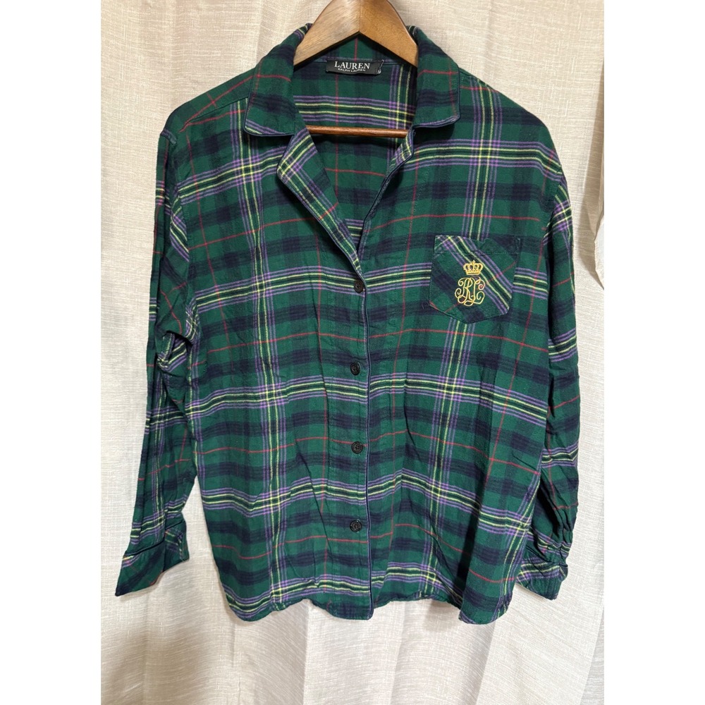 Lauren Ralph Lauren Pajama Set Womens XL Green Plaid Crown Logo Sleepwear